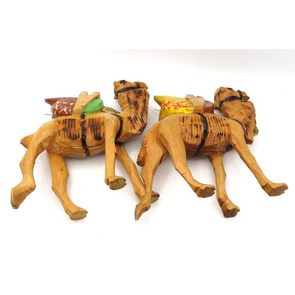 Pair of Hand Carved Wooden Camels 6” Folk Art Painted Figures Vintage Boho Decor - Picture 10 of 11